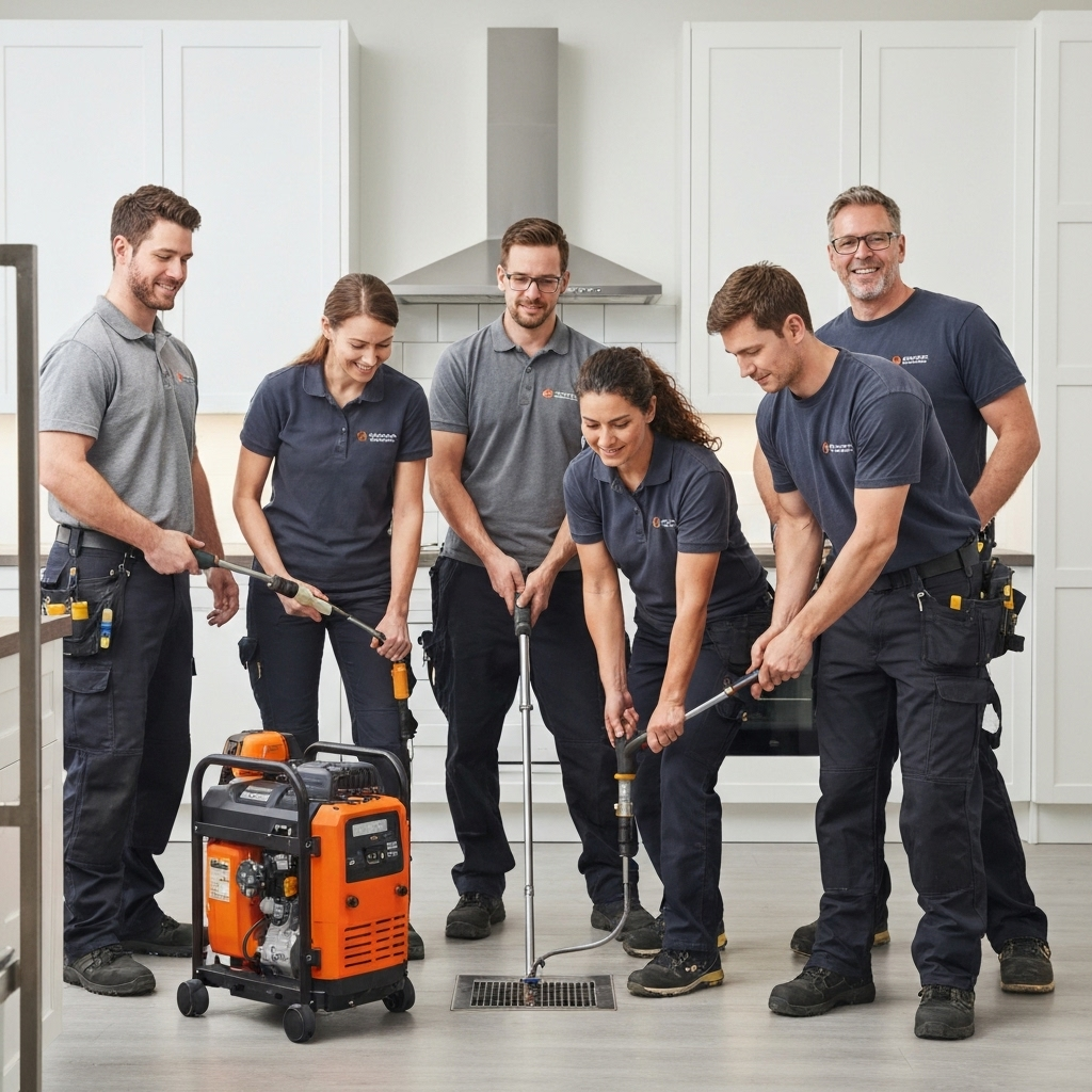 Equipe técnica Hidrobaruck com equipamentos profissionais